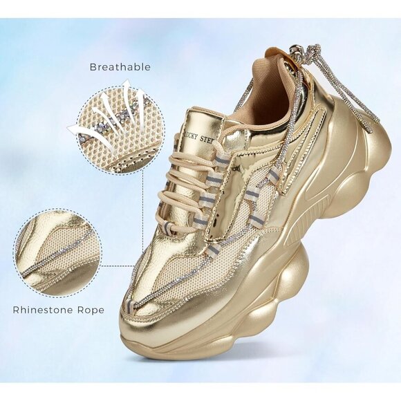 Women's 90s Chunky Sneakers Rope Platform Casual Thick Rave Walking Shoes Gold - Picture 3 of 9